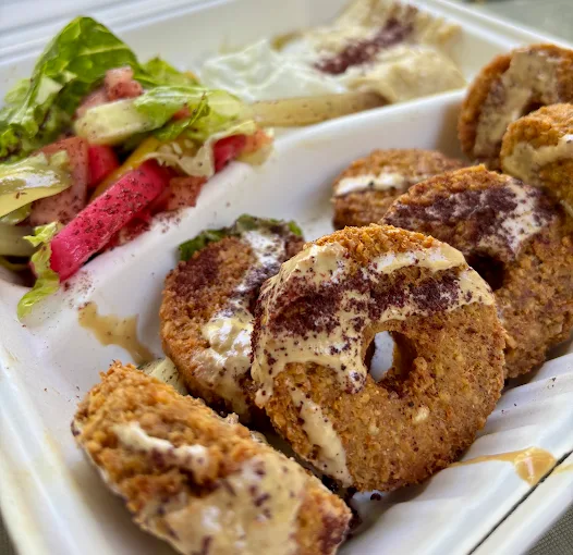 Aleppo Castle falafel plate served with salad, hummus and tahini