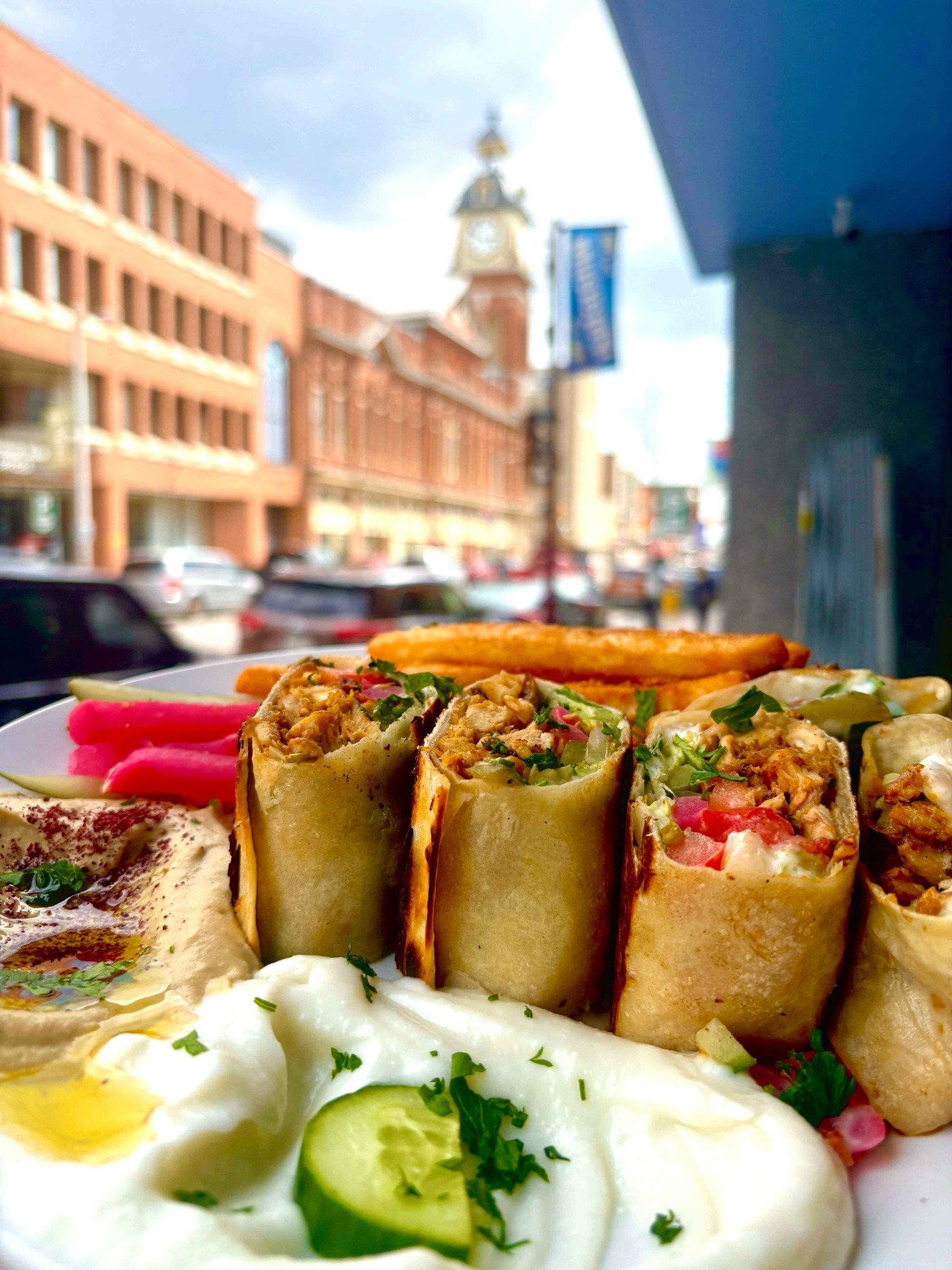 Aleppo Castle shawarma platter with hummus, garlic sauce, fries and pickles